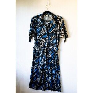 Blu Sage M blue abstract swirl dress short sleeve button down collared shirt mid